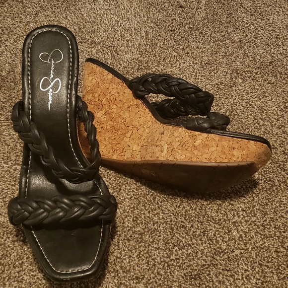 Jessica Simpson Black Leather Upper/Cork Wedges size 10 - Picture 4 of 6